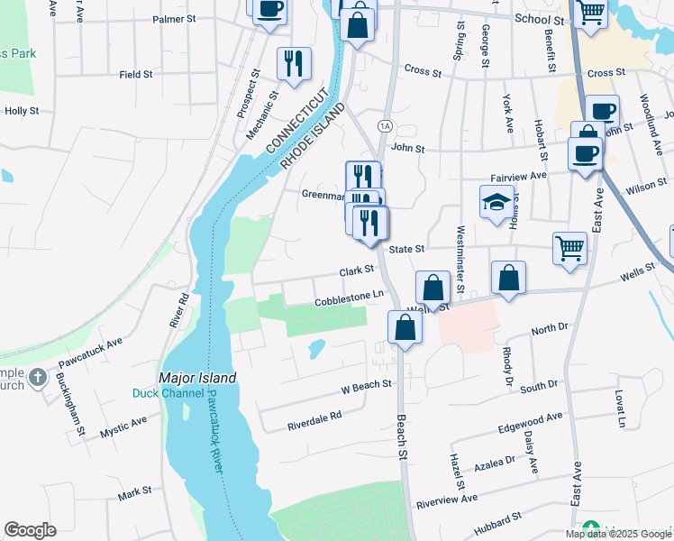 map of restaurants, bars, coffee shops, grocery stores, and more near 21 Clark Street in Westerly