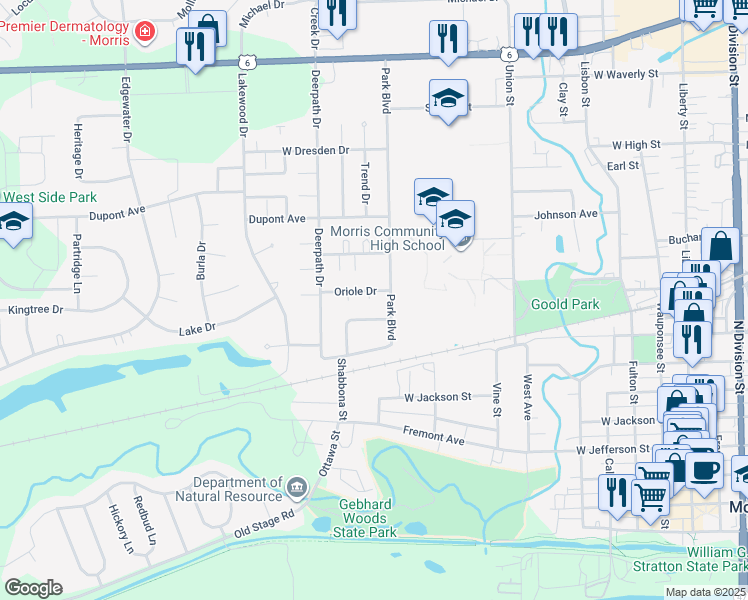 map of restaurants, bars, coffee shops, grocery stores, and more near 901 Oriole Drive in Morris