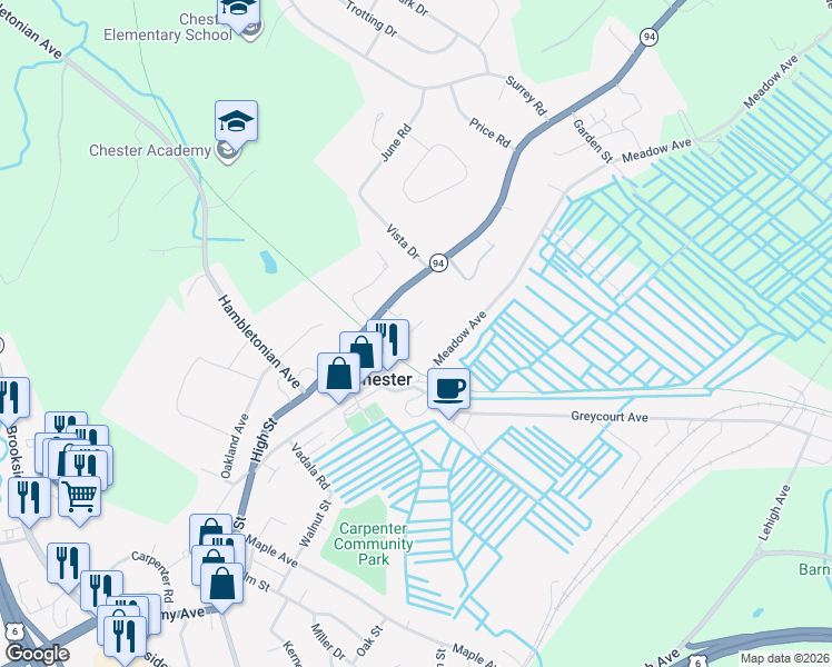 map of restaurants, bars, coffee shops, grocery stores, and more near 101 Chester Heights Drive in Chester