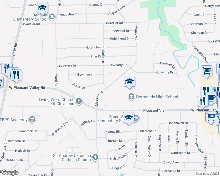 map of restaurants, bars, coffee shops, grocery stores, and more near 7427 Meadow Lane in Parma