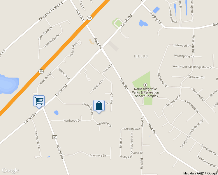map of restaurants, bars, coffee shops, grocery stores, and more near 8708 Harris Dr in North Ridgeville