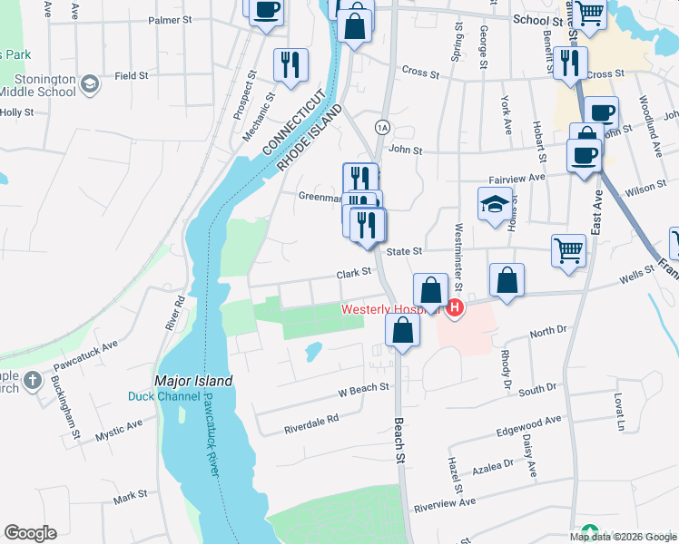 map of restaurants, bars, coffee shops, grocery stores, and more near 21 Clark Street in Westerly
