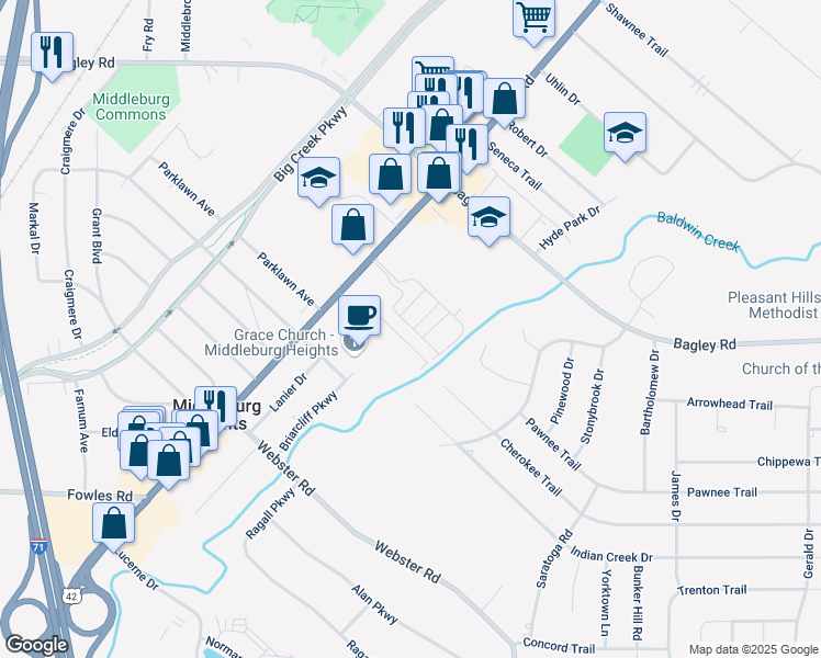 map of restaurants, bars, coffee shops, grocery stores, and more near 15235 Pine Hill Trail in Cleveland