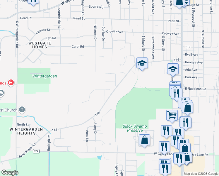 map of restaurants, bars, coffee shops, grocery stores, and more near 16 170 in Bowling Green