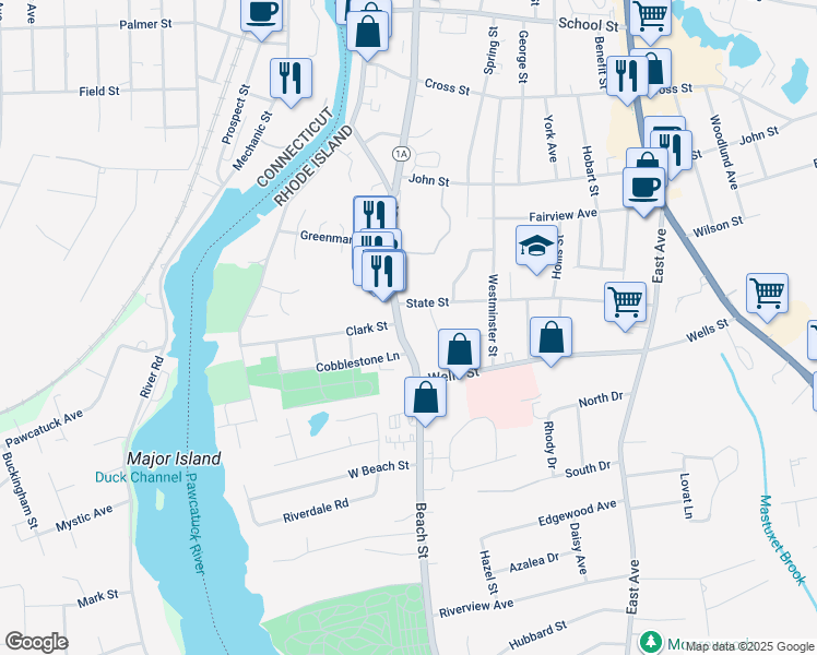 map of restaurants, bars, coffee shops, grocery stores, and more near 64 Beach Street in Westerly