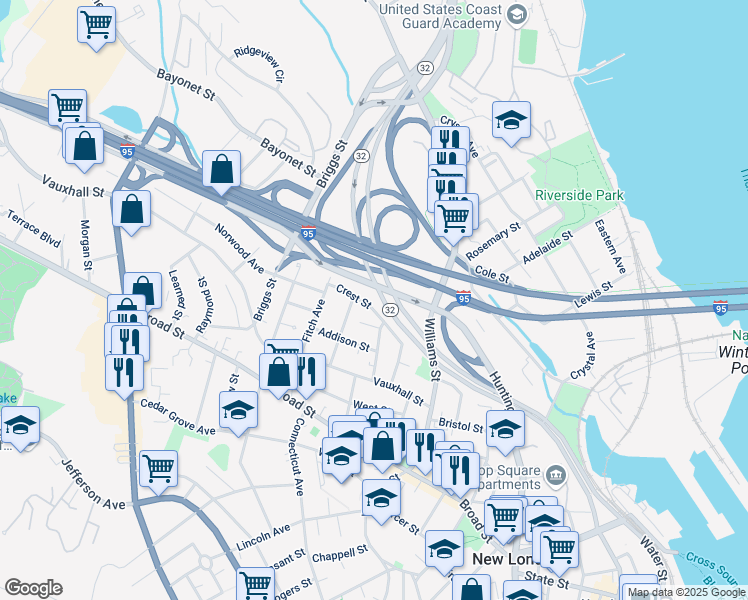 map of restaurants, bars, coffee shops, grocery stores, and more near 29 Crest Street in New London