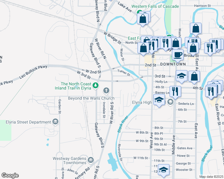 map of restaurants, bars, coffee shops, grocery stores, and more near 2015 West River Road North in Elyria