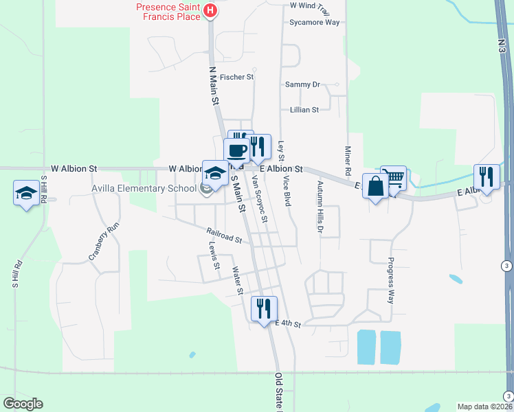 map of restaurants, bars, coffee shops, grocery stores, and more near 212 Van Scoyoc Street in Avilla