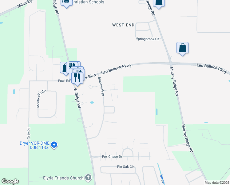 map of restaurants, bars, coffee shops, grocery stores, and more near 118 Warwick Drive in Elyria