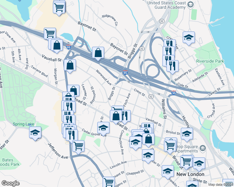 map of restaurants, bars, coffee shops, grocery stores, and more near 230 Ledyard Street in New London