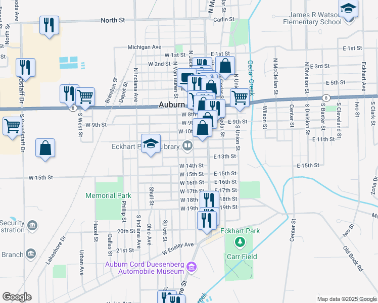 map of restaurants, bars, coffee shops, grocery stores, and more near 603 South Jackson Street in Auburn