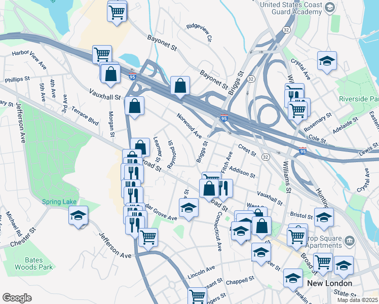 map of restaurants, bars, coffee shops, grocery stores, and more near 207 Vauxhall Street in New London