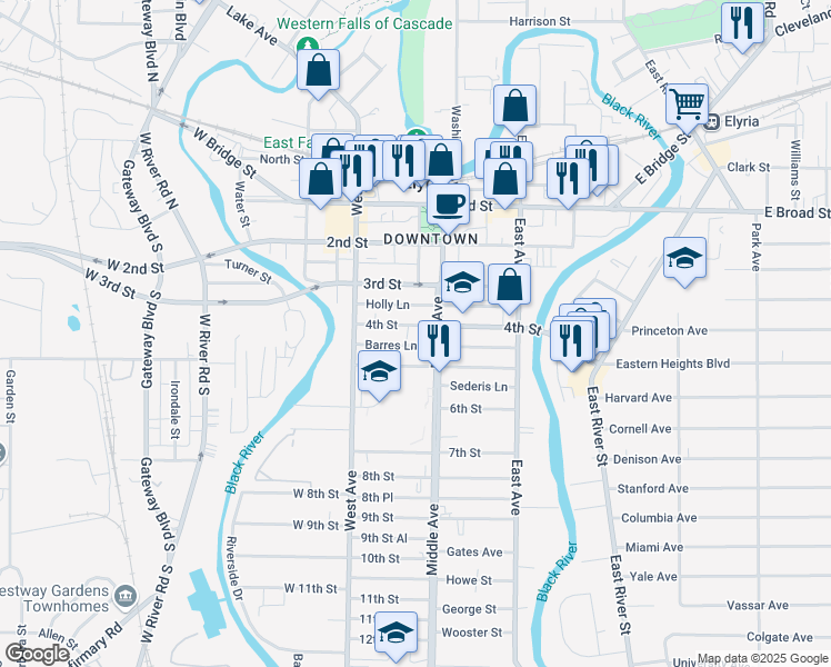 map of restaurants, bars, coffee shops, grocery stores, and more near 328 Barres Lane in Elyria