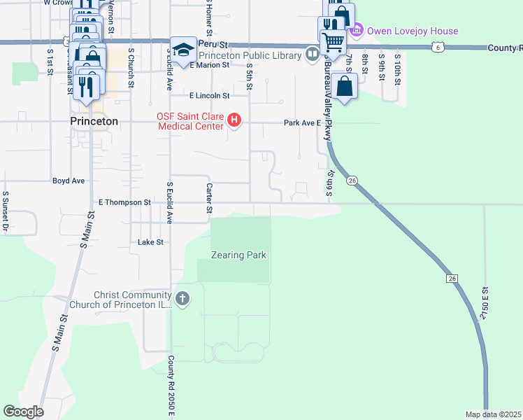 map of restaurants, bars, coffee shops, grocery stores, and more near 620 East Thompson Street in Princeton