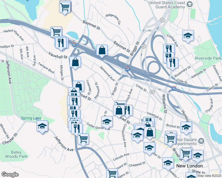 map of restaurants, bars, coffee shops, grocery stores, and more near 207 Vauxhall Street in New London