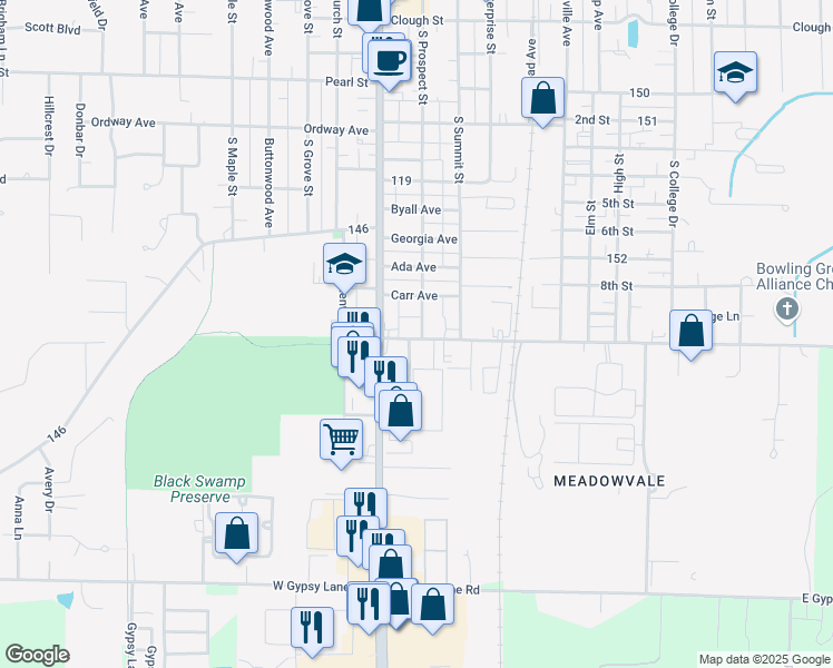 map of restaurants, bars, coffee shops, grocery stores, and more near 127 West Napoleon Road in Bowling Green