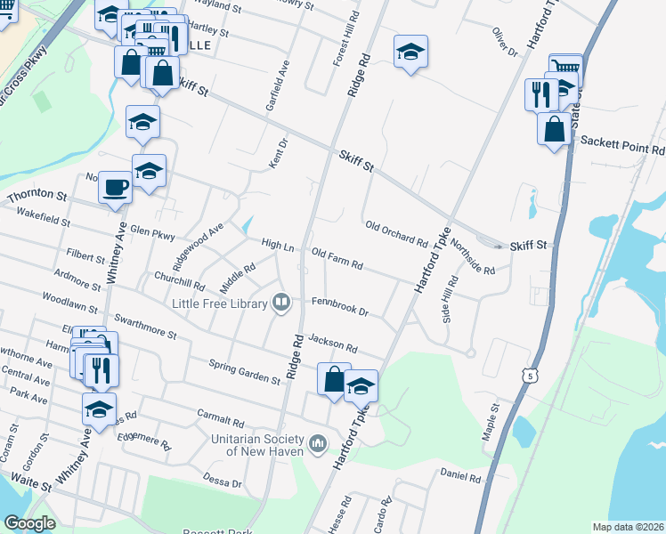 map of restaurants, bars, coffee shops, grocery stores, and more near 45 Old Farm Road in Hamden