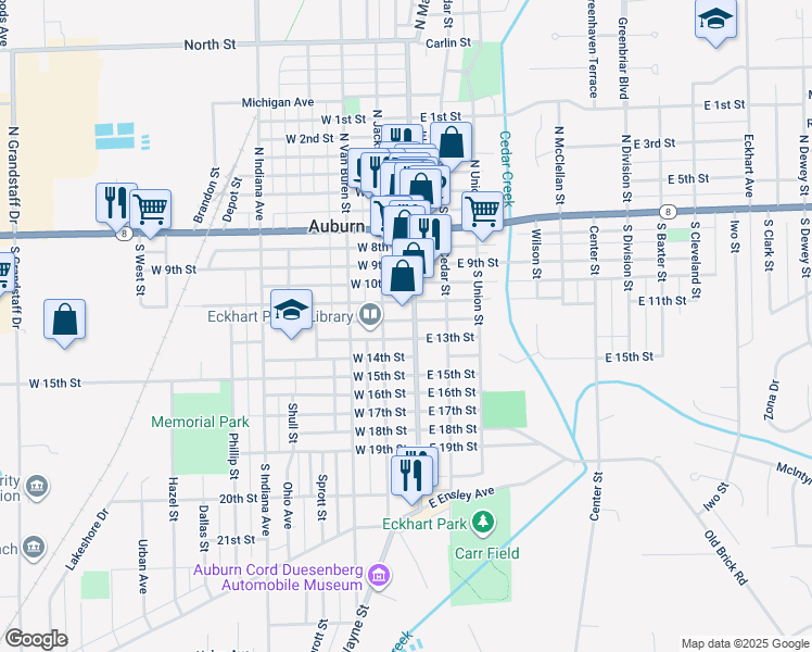 map of restaurants, bars, coffee shops, grocery stores, and more near 603 Main Street in Auburn