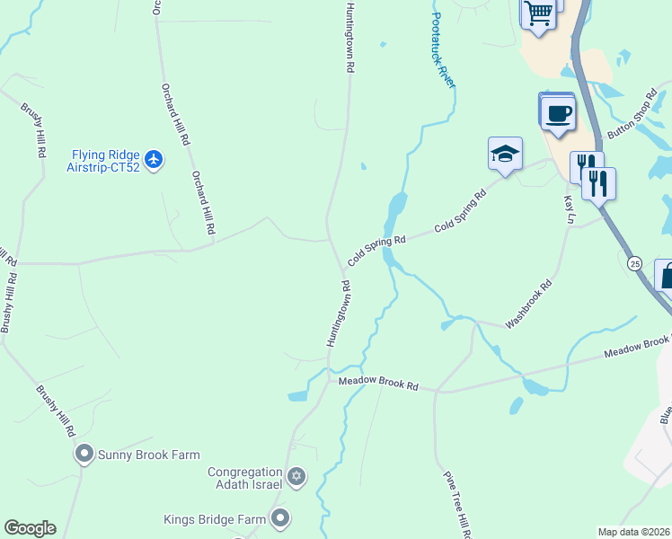 map of restaurants, bars, coffee shops, grocery stores, and more near 76 Huntingtown Road in Newtown