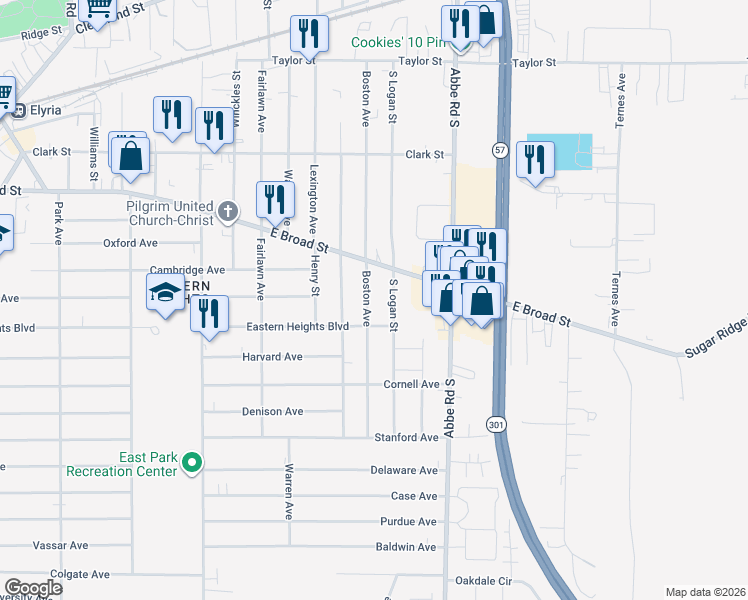 map of restaurants, bars, coffee shops, grocery stores, and more near 336 Boston Avenue in Elyria