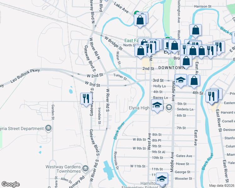 map of restaurants, bars, coffee shops, grocery stores, and more near 564 Sommer Way in Elyria