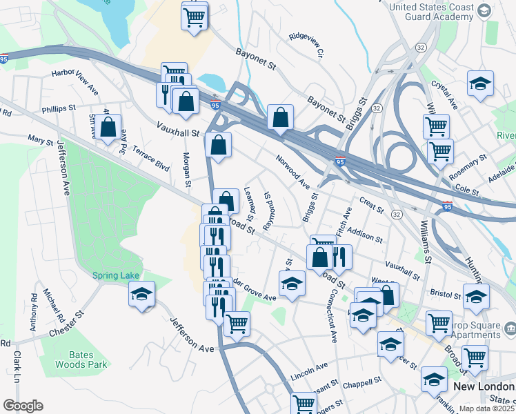 map of restaurants, bars, coffee shops, grocery stores, and more near 25 Learned Street in New London