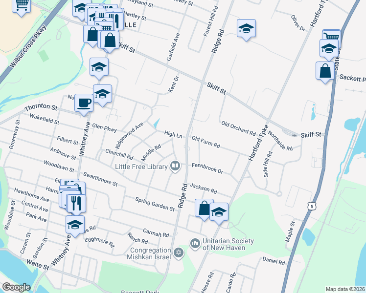 map of restaurants, bars, coffee shops, grocery stores, and more near 1080 Ridge Road in Hamden