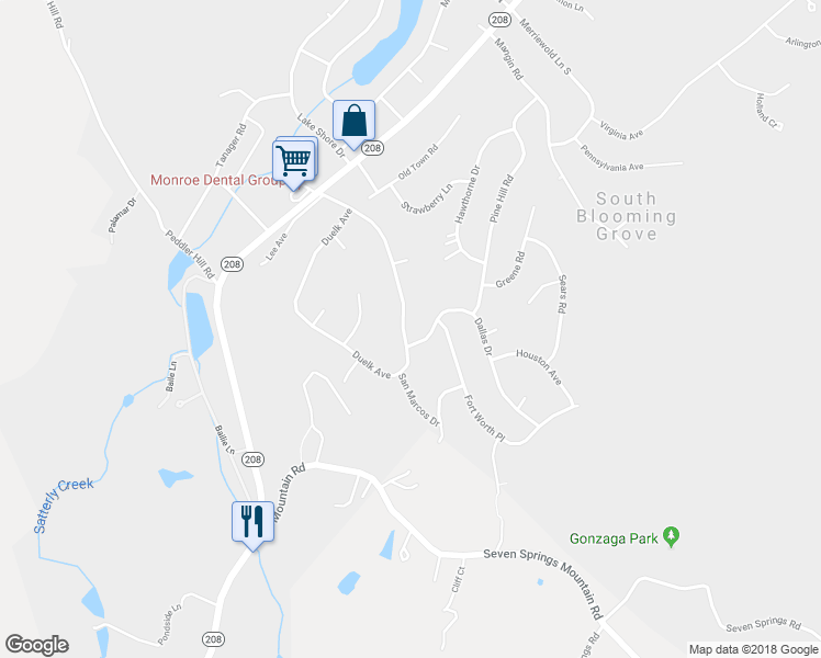 map of restaurants, bars, coffee shops, grocery stores, and more near 76 Duelk Avenue in Monroe