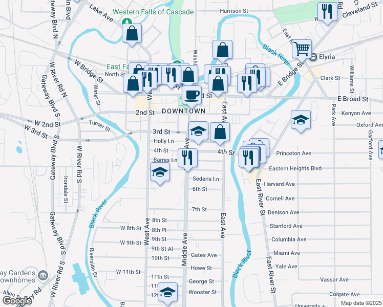 map of restaurants, bars, coffee shops, grocery stores, and more near 402 Middle Avenue in Elyria