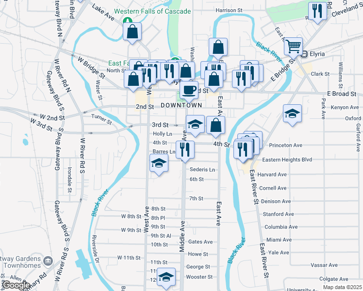 map of restaurants, bars, coffee shops, grocery stores, and more near 402 Middle Avenue in Elyria
