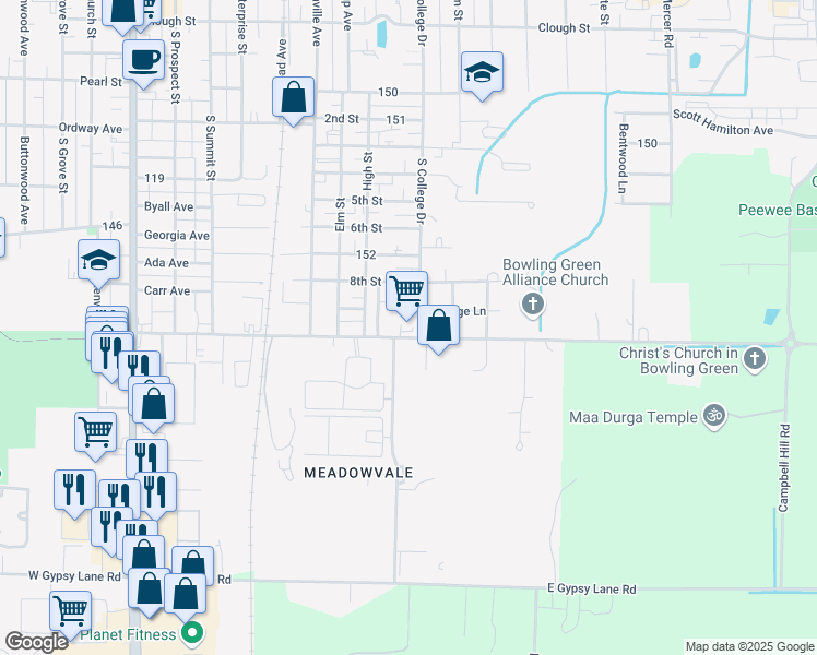 map of restaurants, bars, coffee shops, grocery stores, and more near 780 South College Drive in Bowling Green
