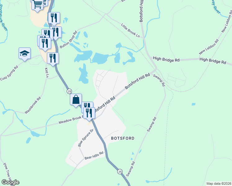 map of restaurants, bars, coffee shops, grocery stores, and more near 19 Botsford Hill Road in Newtown
