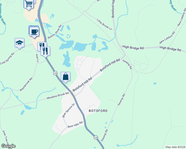 map of restaurants, bars, coffee shops, grocery stores, and more near 19 Botsford Hill Road in Newtown