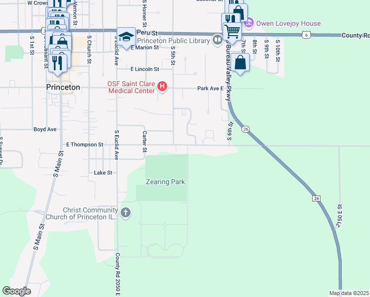map of restaurants, bars, coffee shops, grocery stores, and more near 620 East Thompson Street in Princeton
