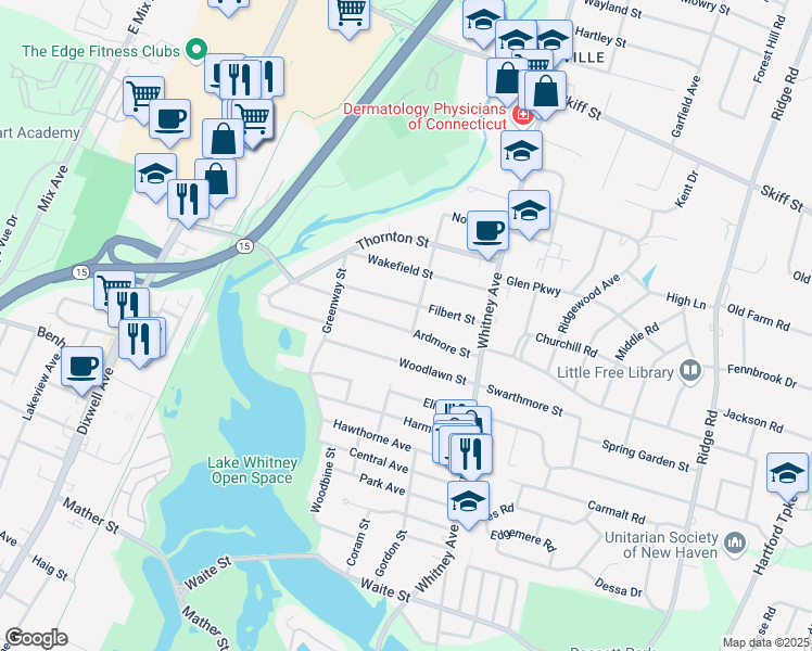 map of restaurants, bars, coffee shops, grocery stores, and more near 85 Ardmore Street in Hamden