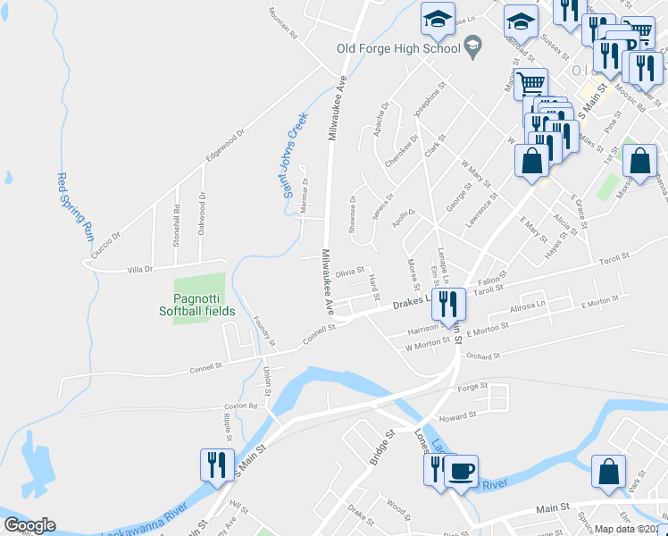 map of restaurants, bars, coffee shops, grocery stores, and more near 604 Milwaukee Ave in Old Forge