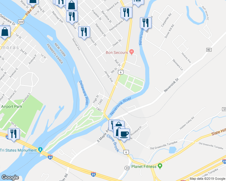 map of restaurants, bars, coffee shops, grocery stores, and more near 209 New York State Bicycle Route 17 in Port Jervis