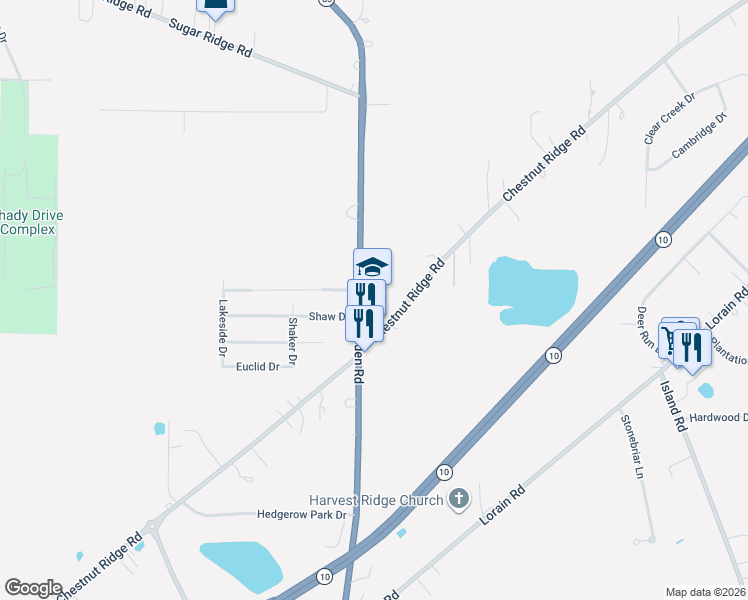 map of restaurants, bars, coffee shops, grocery stores, and more near 8877 Avon Belden Road in North Ridgeville