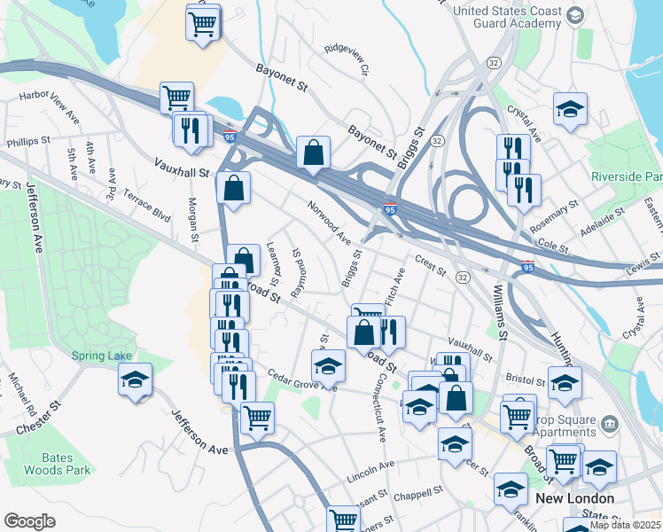 map of restaurants, bars, coffee shops, grocery stores, and more near 207 Vauxhall Street in New London