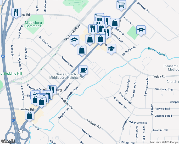 map of restaurants, bars, coffee shops, grocery stores, and more near 15235 Pine Hill Trail in Cleveland