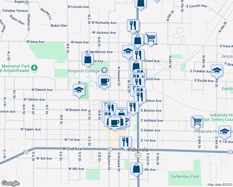 map of restaurants, bars, coffee shops, grocery stores, and more near 409 North Howard Street in Indianola