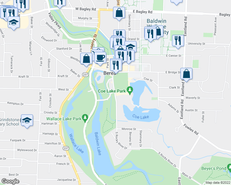 map of restaurants, bars, coffee shops, grocery stores, and more near 70 South Rocky River Drive in Berea