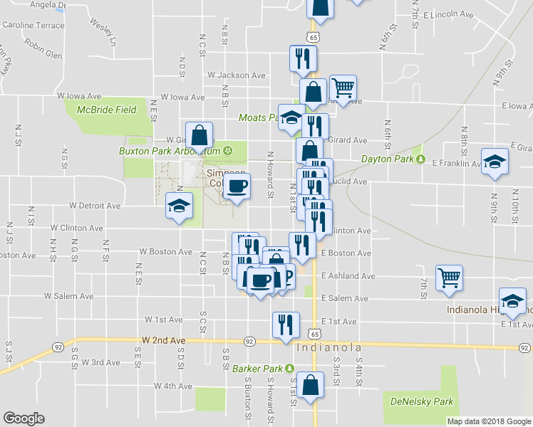 map of restaurants, bars, coffee shops, grocery stores, and more near 409 North Howard Street in Indianola