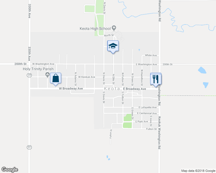 map of restaurants, bars, coffee shops, grocery stores, and more near 112 East Broadway Avenue in Keota