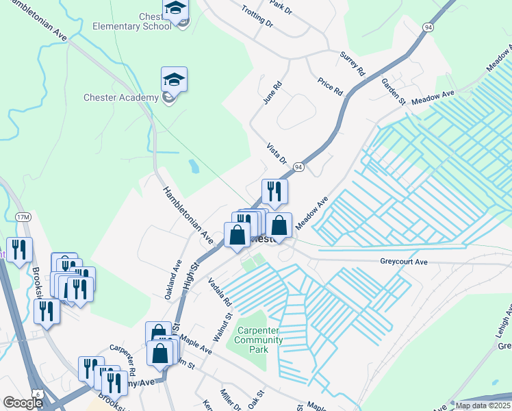 map of restaurants, bars, coffee shops, grocery stores, and more near 221 Chester Heights Drive in Chester