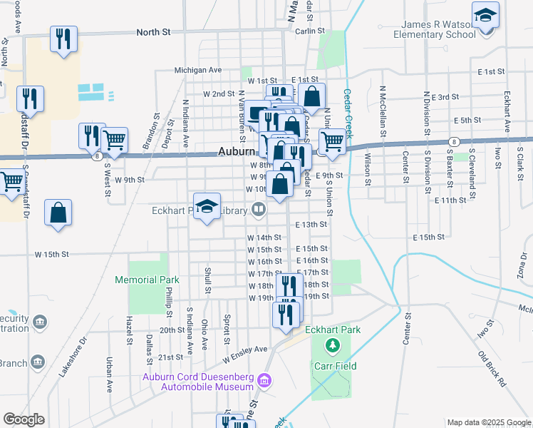 map of restaurants, bars, coffee shops, grocery stores, and more near 603 South Jackson Street in Auburn