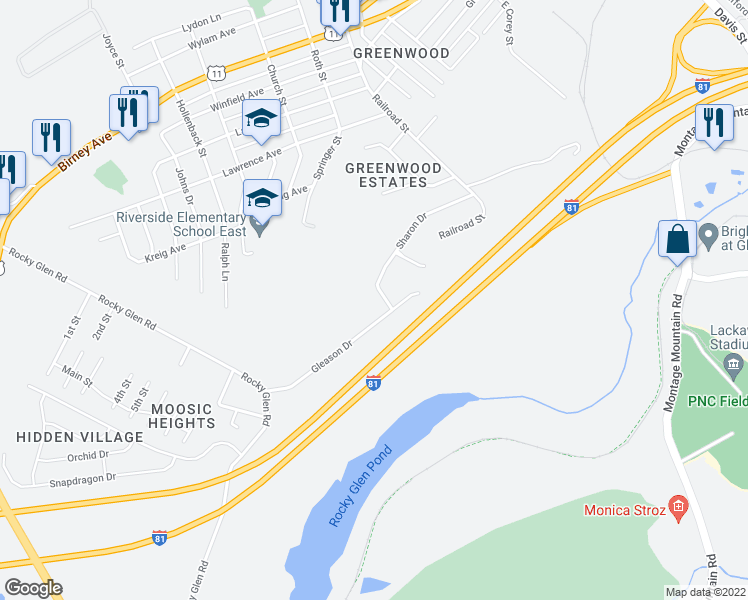 map of restaurants, bars, coffee shops, grocery stores, and more near 44 Sharon Drive in Moosic