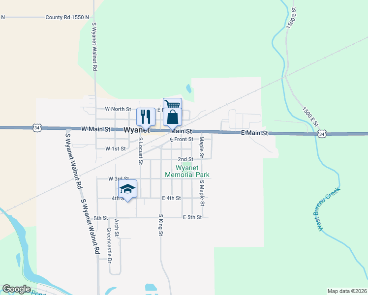 map of restaurants, bars, coffee shops, grocery stores, and more near 109 South Walnut Street in Wyanet