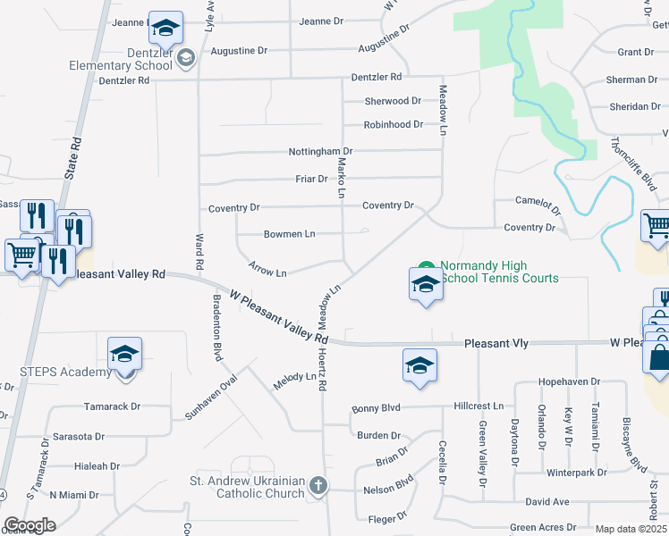 map of restaurants, bars, coffee shops, grocery stores, and more near 2903 Arrow Ln in Parma