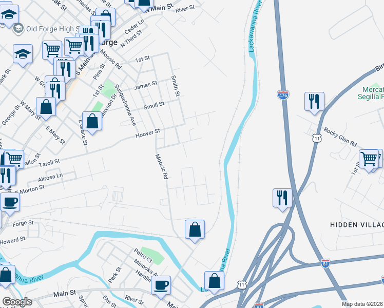 map of restaurants, bars, coffee shops, grocery stores, and more near 205 Madison Street in Old Forge